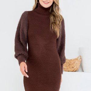 Mocha Curvy Fur Sleeve Sweater Dress